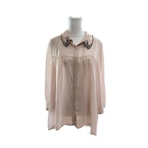 Ichi Dusty Rose Button Down Tunic Blouse Embroidered Bird Collar Size L